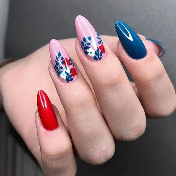 Glossy Red and Blue Floral Press on Fake Nails // tns840