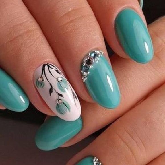 Glossy Light Blue Studded Floral Press on Fake Artificial Nails / tns660