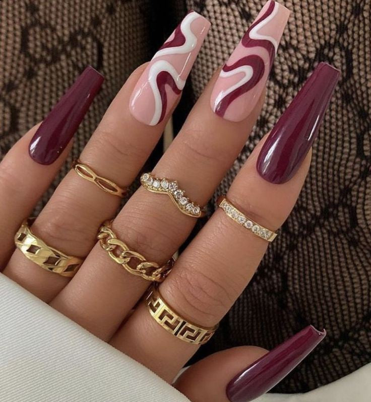 Glossy Dark pink swirls Press on Fake Artificial Nails / tns620