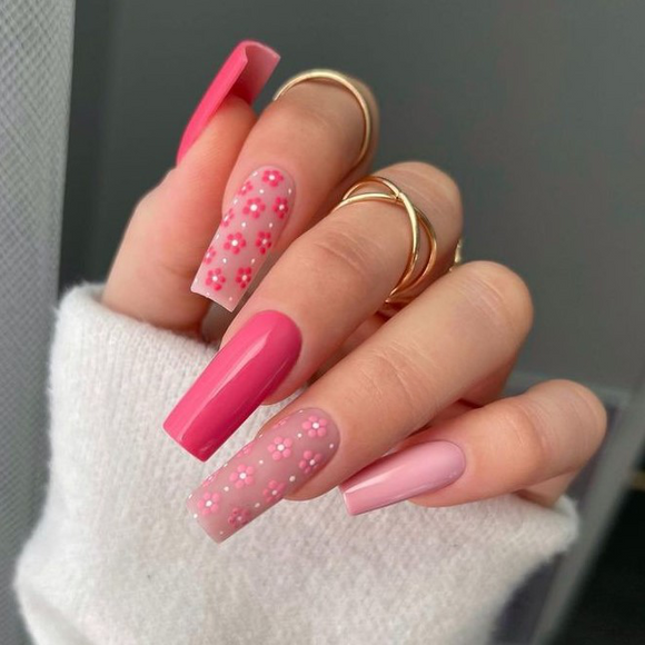 Glossy Pink Floral Press on Fake Artificial Nails / tns668
