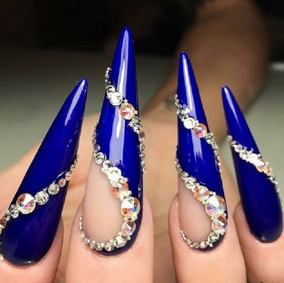 Glossy Blue Studded Press on Fake Artificial Nails / tns654