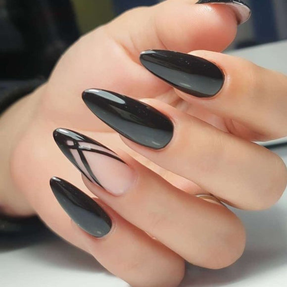 Glossy Black French Press on Fake Artificial Nails / tns611