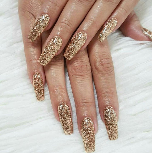 Glossy Golden Glitter Press on Fake Artificial Nails / tns729