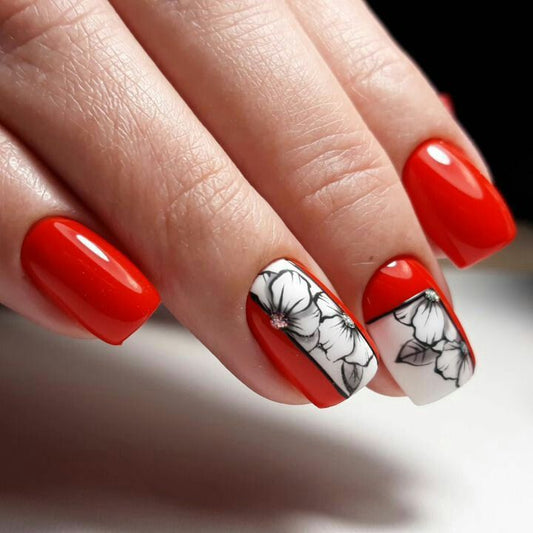 Glossy Red and White Floral Press on Fake Artificial Nails / tns578