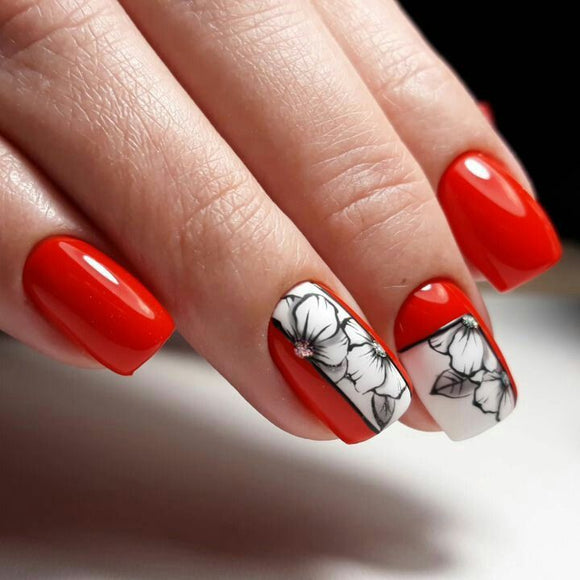 Glossy Red and White Floral Press on Fake Artificial Nails / tns578