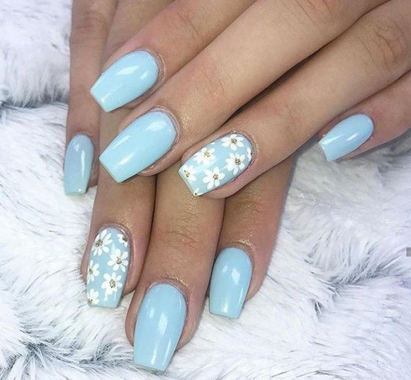 Glossy Light Blue Floral Press on Fake Nails // tns846