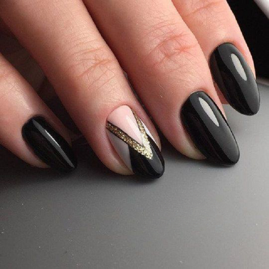 Glossy Black Geometric Press on Fake Artificial Nails / tns580