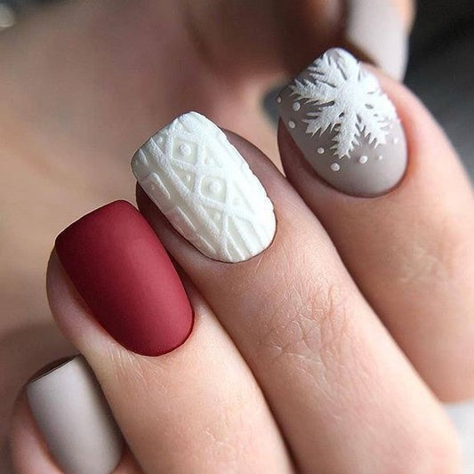 Matte Maroon and Gray Snowflakes Press on Fake Artificial Nails / tns710