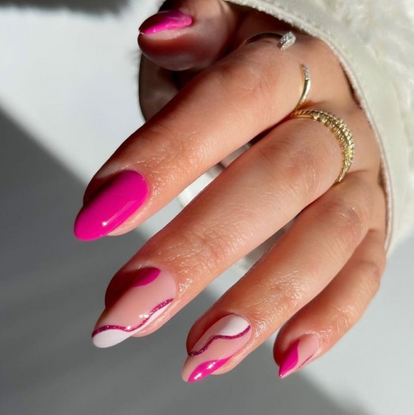 Glossy Pink Swirls Press on Fake Artificial Nails / tns606