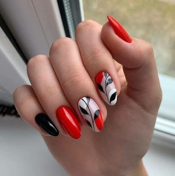 Glossy Red and Black Floral Press on Fake Artificial Nails / tns589