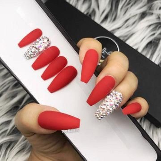 Matte Red Studded Press on Fake Artificial Nails / tns743