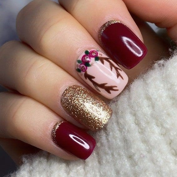 Glossy Maroon Glitter Floral Press on Fake Artificial Nails / tns734
