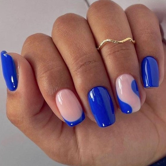 Glossy Blue Swirls Press on Fake Artificial Nails / tns744
