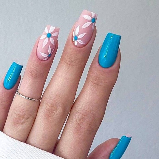 Glossy Blue Floral Press on Fake Artificial Nails / tns689