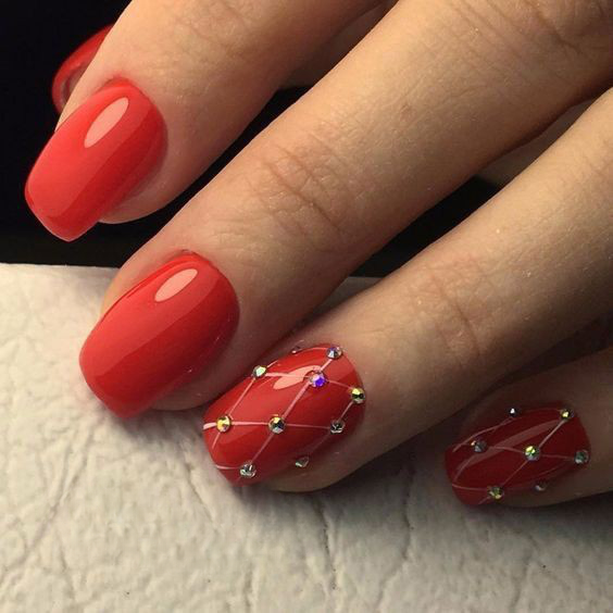 Glossy Red Studded Press on Fake Artificial Nails / tns526