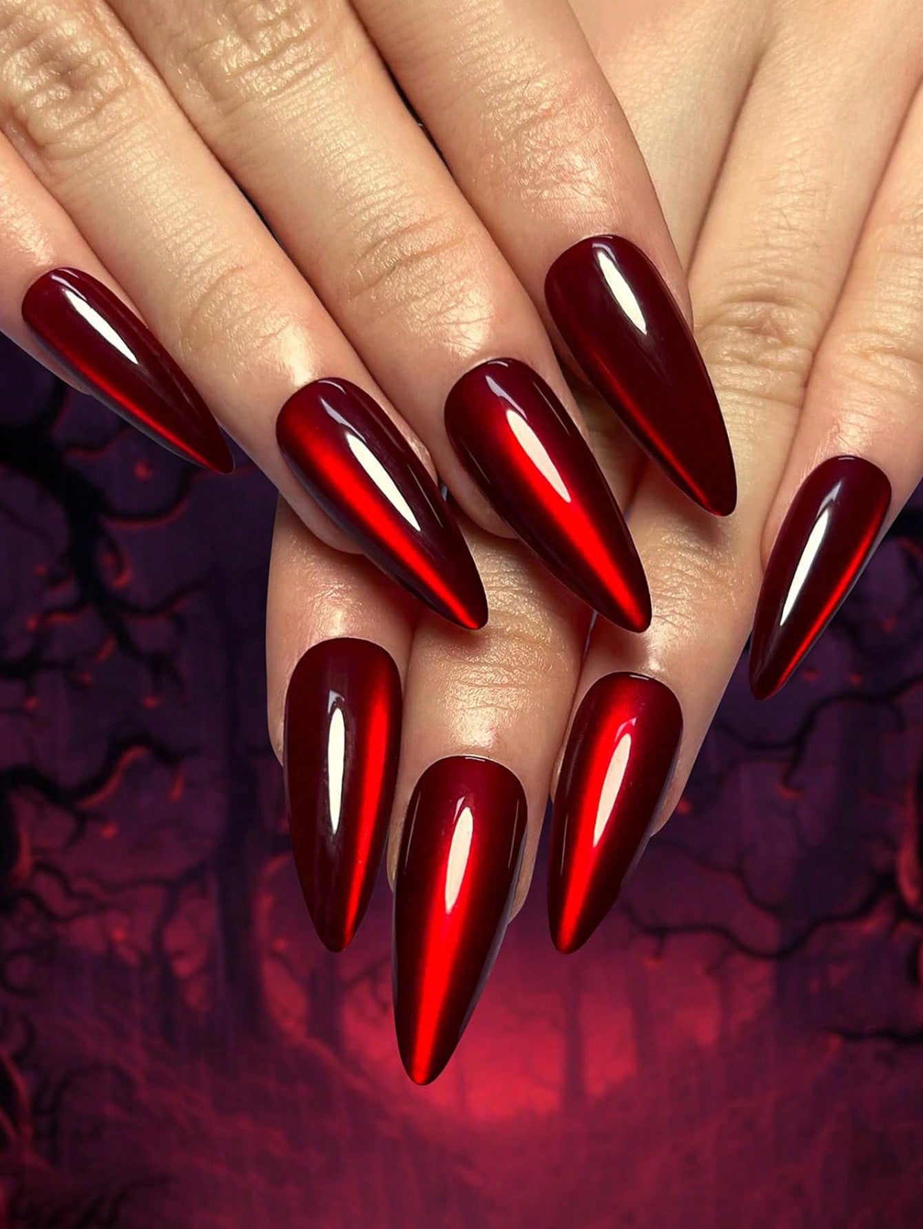 Red Cat Eye 3D Magnetic Press-On Nails Long Stiletto-10 Nails
