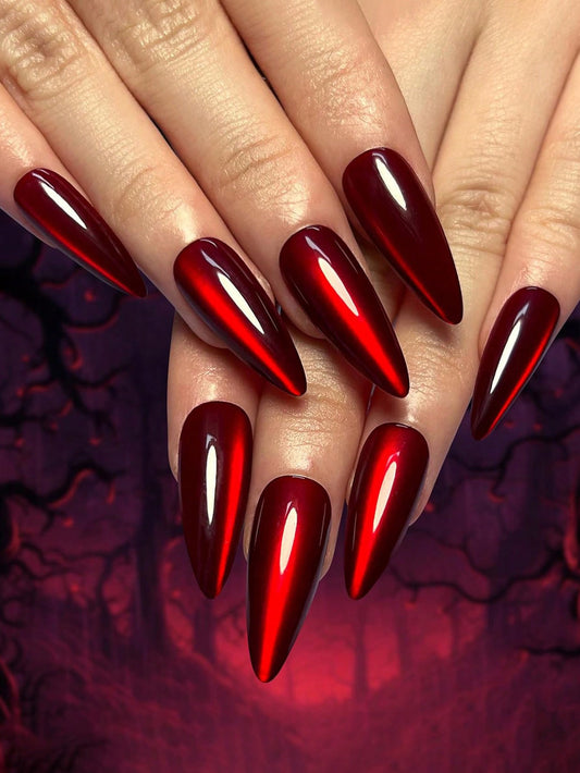 Red Cat Eye 3D Magnetic Press-On Nails Long Stiletto-10 Nails