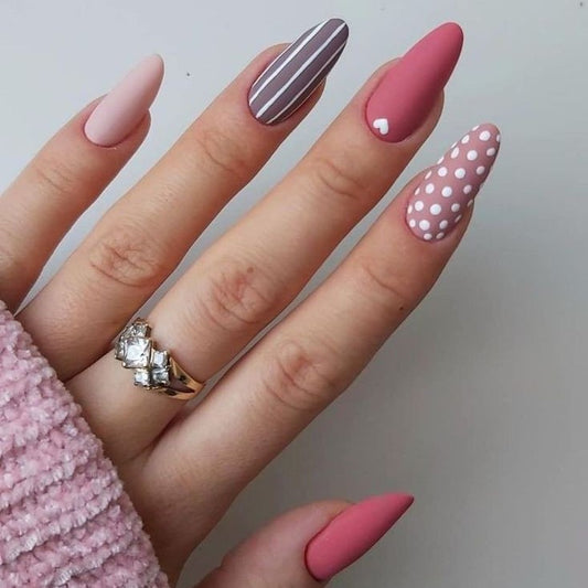 Matte Pink Geomteric Press on Fake Artificial Nails / tns600