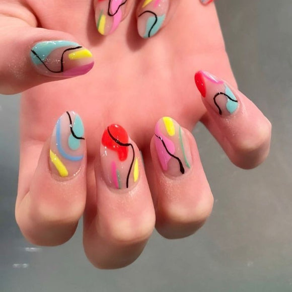 Glossy Colorful Swirls Press on Fake Artificial Nails / tns601