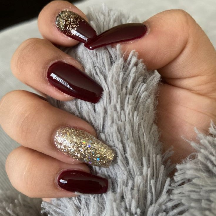 Glossy Dark Maroon Glitter Press on Fake Artificial Nails / tns713