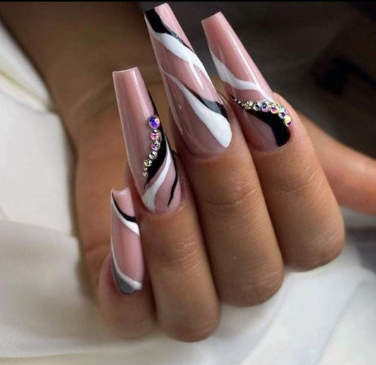 Glossy Nude And Black Studded Press on Fake Artificial Nails / tns642