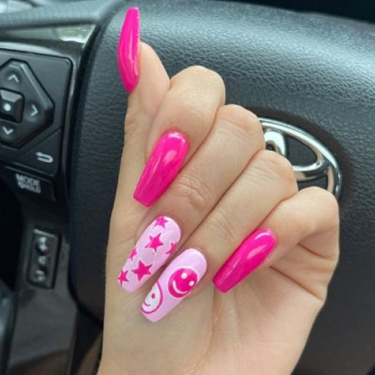 Glossy Pink Stars Press on Fake Artificial Nails / tns746