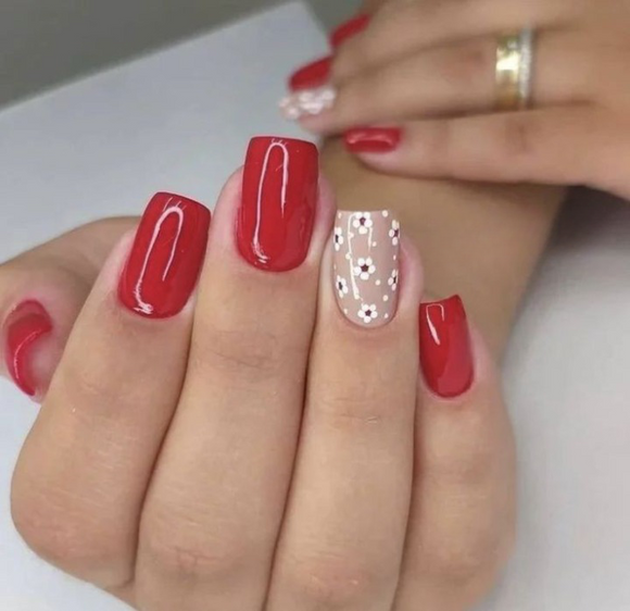 Glossy Red Floral Press on Fake Artificial Nails / tns690