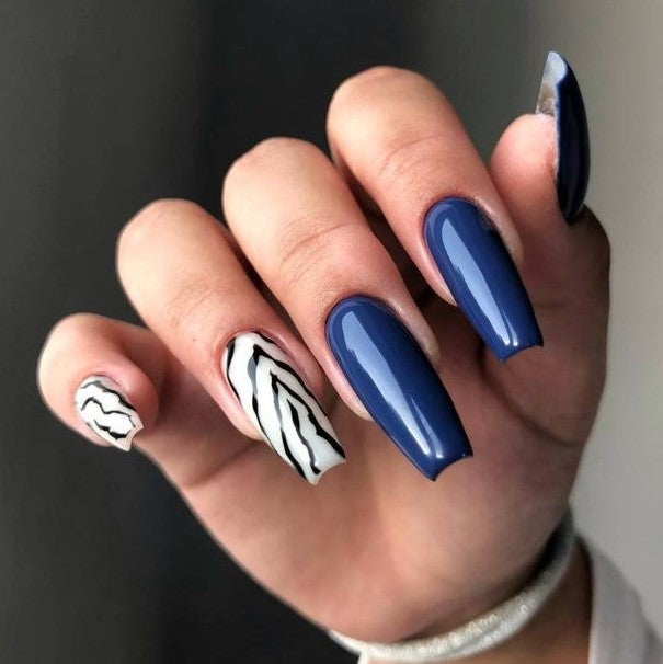 Glossy Dark Blue Swirls Press on Fake Artificial Nails / tns715