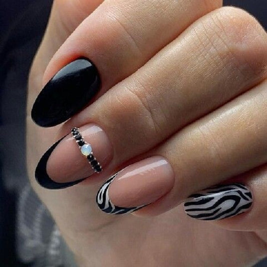 Glossy Black French Animal Print Press on Fake Artificial Nails / tns591