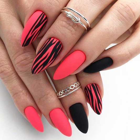 Matte Black Pink Swirls Press on Fake Artificial Nails / tns525