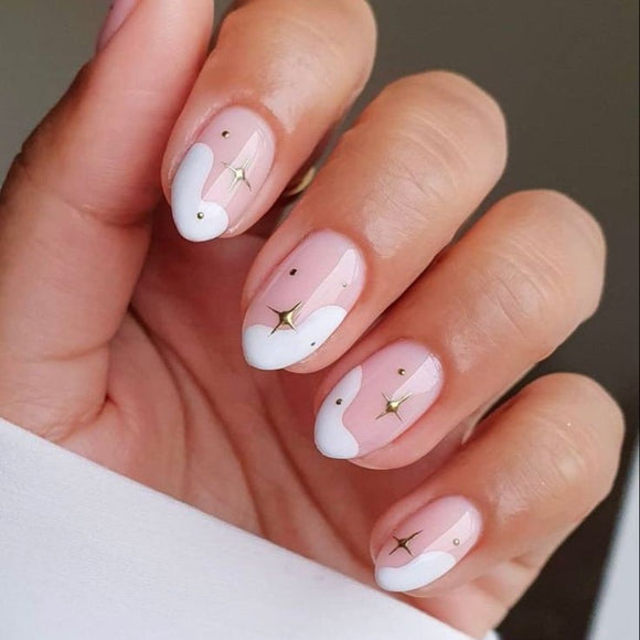 Glossy Nude Stars Press on Fake Artificial Nails / tns735