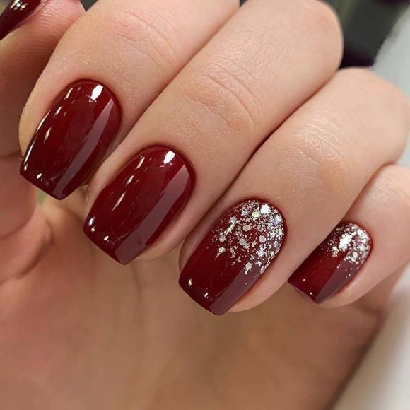 Glossy Maroon Glitter Ombre Press on Fake Artificial Nails / tns547