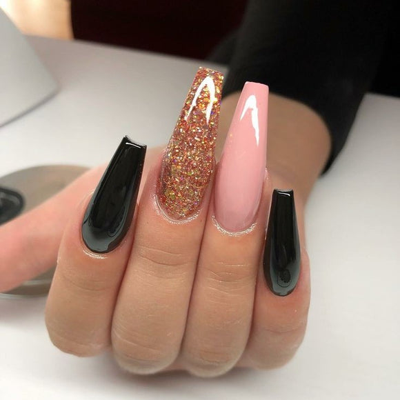 Glossy Pink Black Glitter Press on Fake Artificial Nails / tns513
