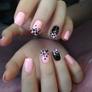 Glossy Black and Pink Dots Press on Fake Artificial Nails / tns556