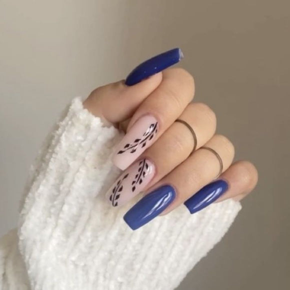 Glossy Dark Blue Leaves Press on Fake Artificial Nails / tns718