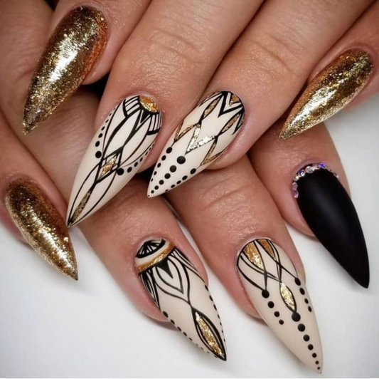 Matte Golden Boho Print Press on Fake Artificial Nails / tns615