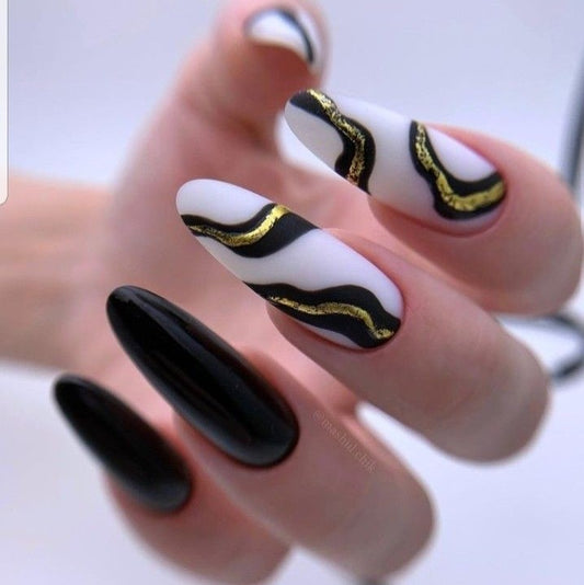 Glossy Black Chrome Swirls Press on Fake Artificial Nails / tns637