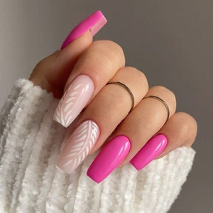 Glossy Pink Leaves Press on Fake Artificial Nails / tns716