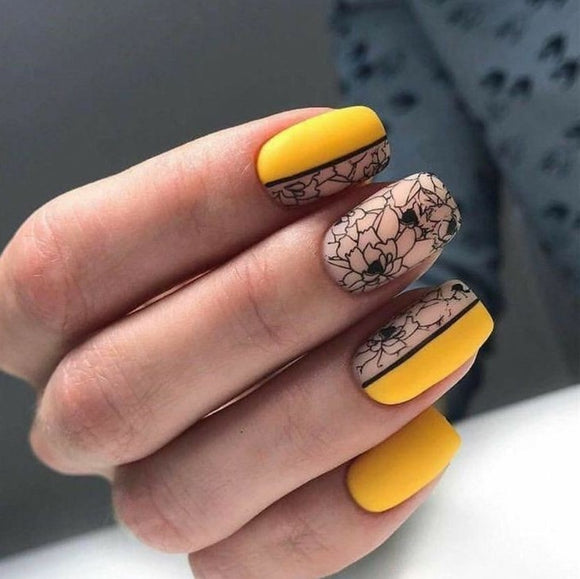 Matte Yellow Floral Press on Fake Artificial Nails / tns577