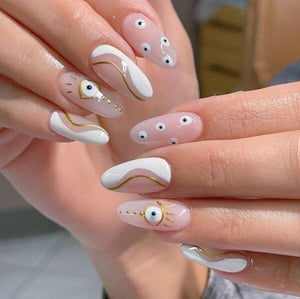 Glossy White Evil Eye Press on Fake Artificial Nails / tns727