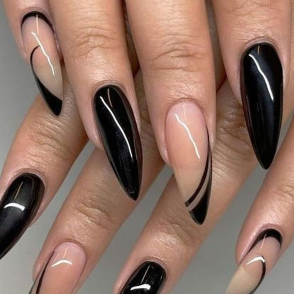 Glossy Nude and Black French Press on Fake Artificial Nails / tns602