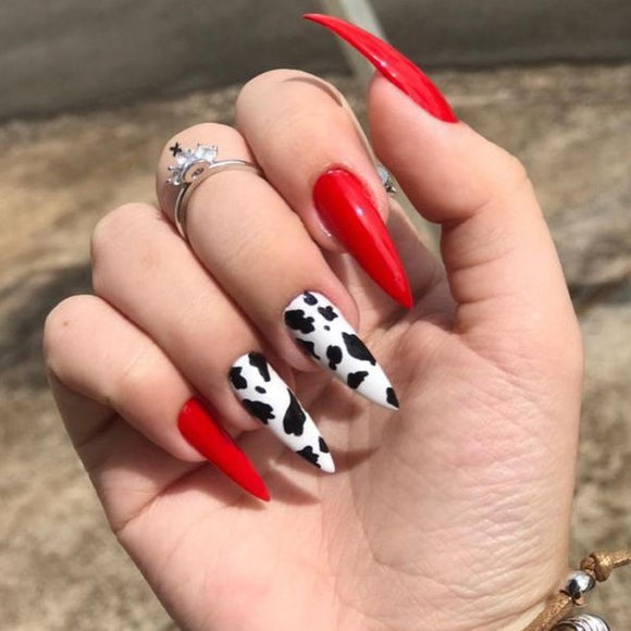 Glossy Red Animal Print Press on Fake Artificial Nails / tns623