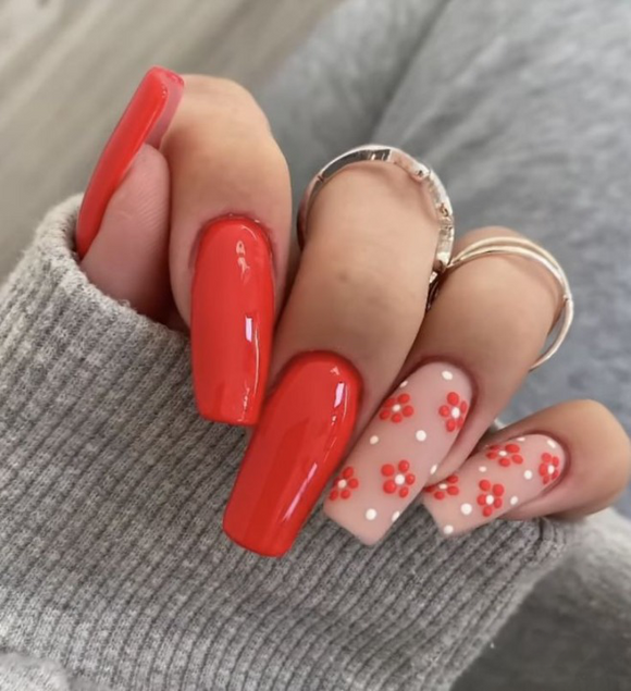 Matte Red Floral Press on Fake Artificial Nails / tns698