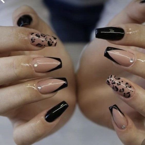 Glossy Nude French Animal Print Press on Fake Artificial Nails / tns629