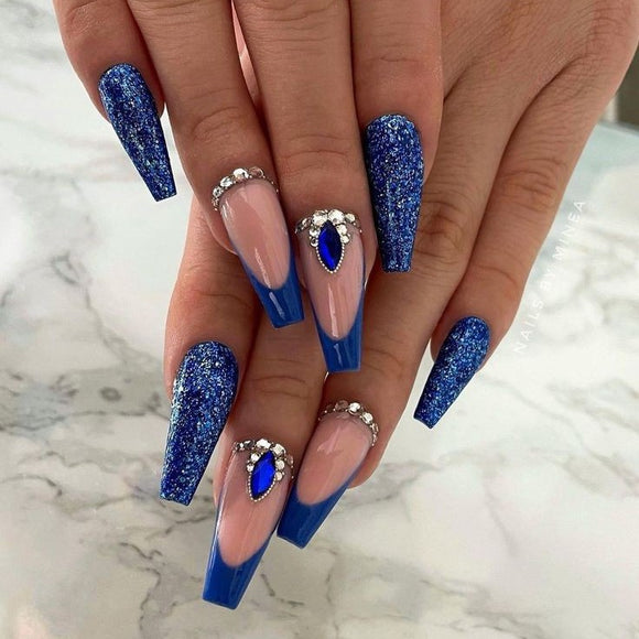 Glossy Blue Studded French Press on Fake Nails // tns854