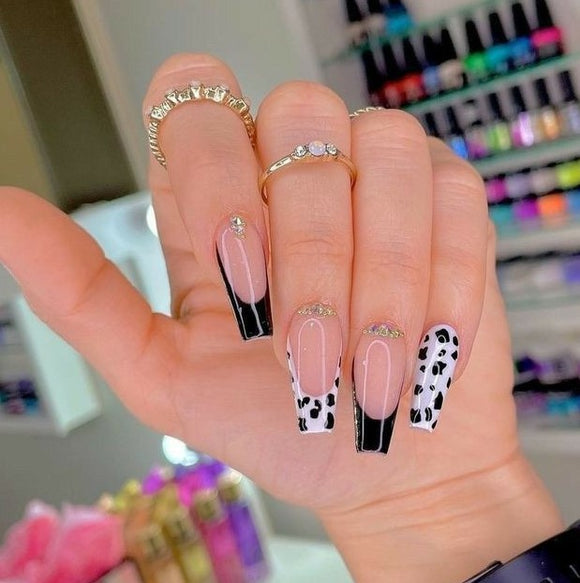Glossy Black and White French Animal Print Press on Fake Artificial Nails / tns628