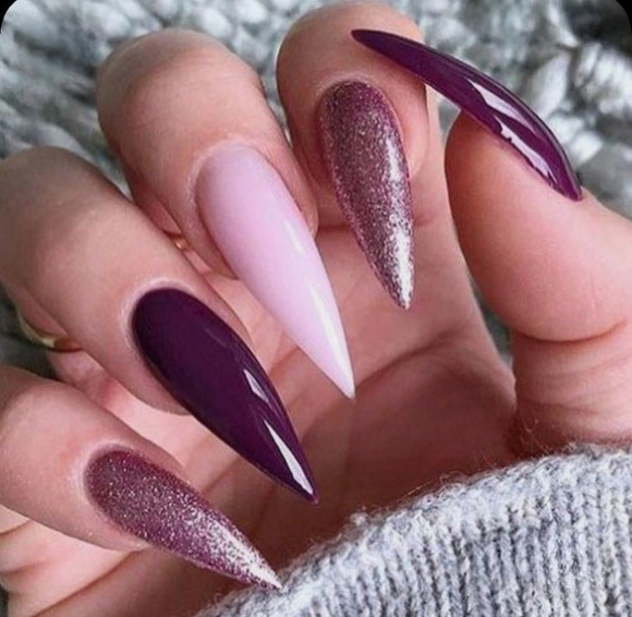 Glossy Pink Purple Glitter Press on Fake Artificial Nails / tns540