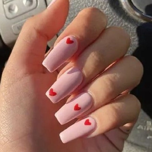 Glossy Light Pink Hearts Press on Fake Artificial Nails / tns712