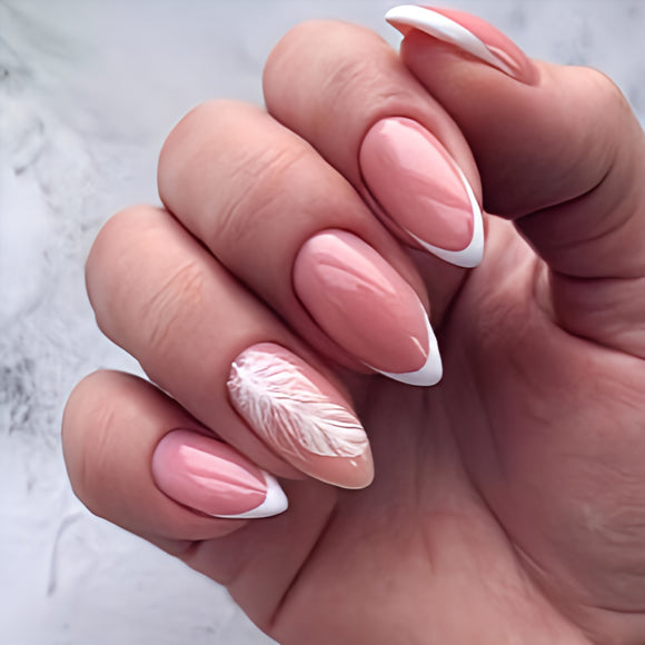 Glossy Nude Feathers Artificial Press on Fake Nails Set in Almond- RTS (Pack of 12 nails)