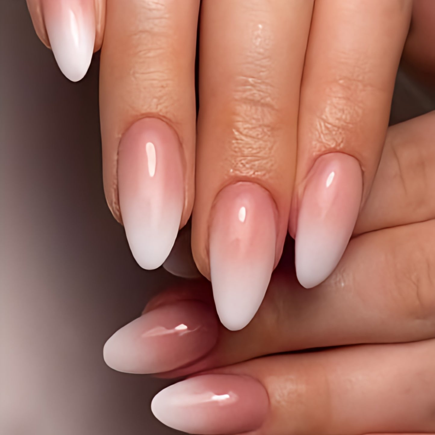 Glossy Nude French Ombre Artificial Press on Fake Nails Set in Almond- RTS (Pack of 24 nails)